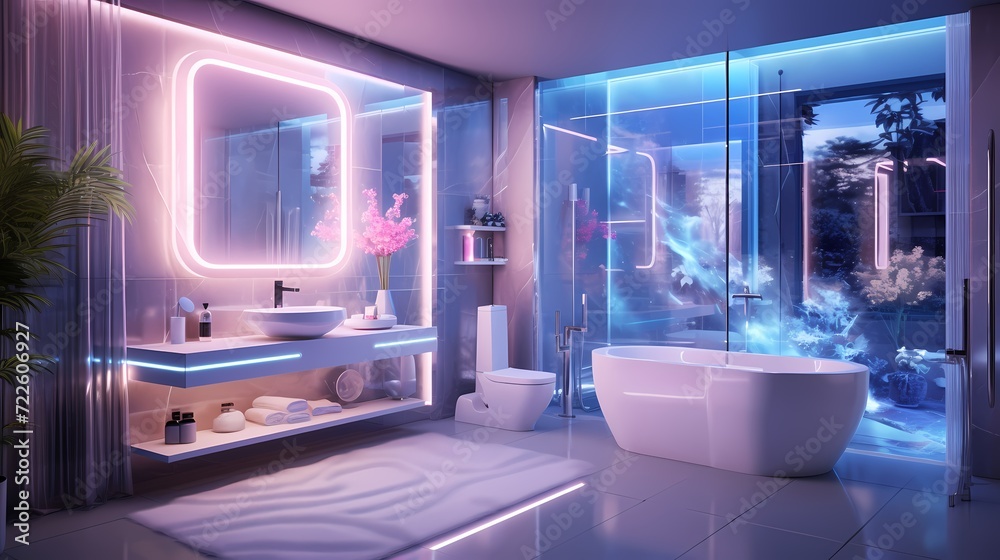 Minimalist space age bathroom with smart fixtures, holographic mirrors ...