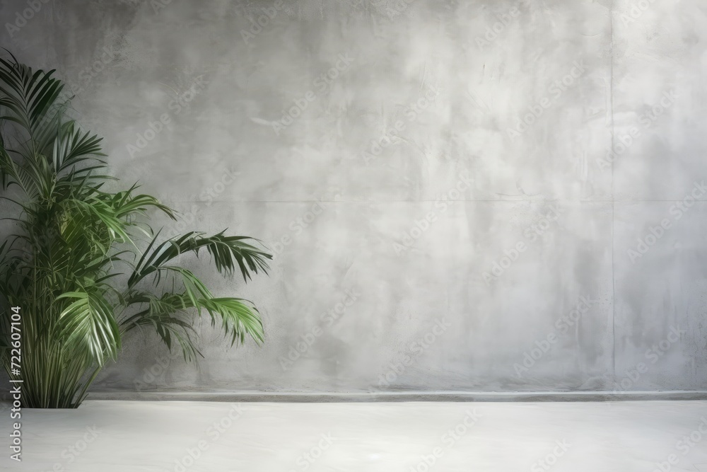 Abstract studio light gray background for product presentation. Empty room with shadows of window and flowers and palm leaves. 3d room with copy space. Summer concert. beauty product placement Abstract studio light gray background for product presentation. Empty room with shadows of window and flowers and palm leaves. 3d room with copy space. Summer concert. beauty product placement