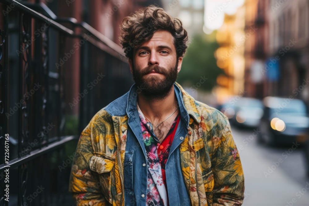 Fototapeta premium Portrait of a handsome young man with trendy hairstyle and beard in the city.