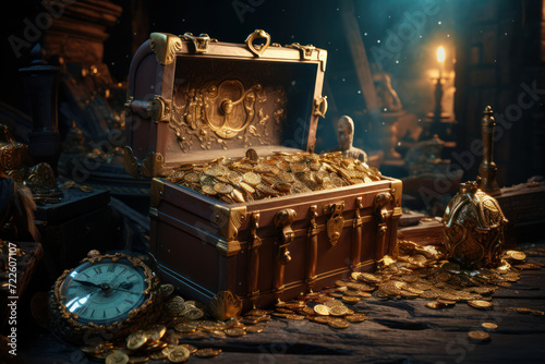 A vintage treasure chest discovered in an attic, holding forgotten surprises from a bygone era. Generative Ai.