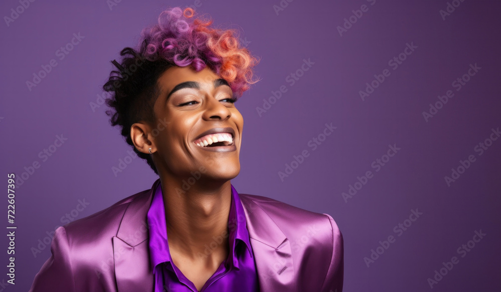 Joyful woman with vibrant purple hair and a matching blazer smiling against a purple background, exuding happiness, confidence, and style. pride, rainbow, diversity, equality. Joyful woman with vibrant purple hair and a matching blazer smiling against a purple background, exuding happiness, confidence, and style. pride, rainbow, diversity, equality.