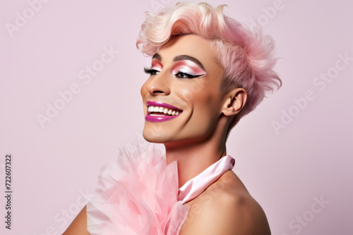 Stylish portrait of cheerful person with glamorous makeup, pink hair, and feathery accessory on a soft background.