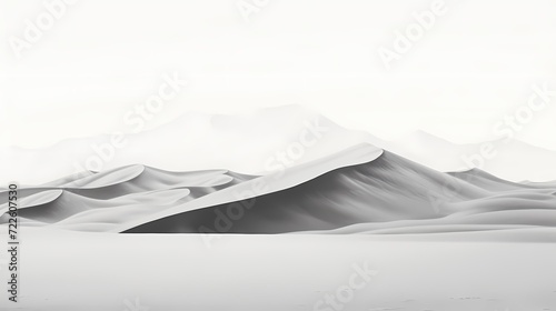 Minimalistic black and white drawing featuring a desert's quiet beauty, with precise ink lines on a white background creating a sense of simplicity