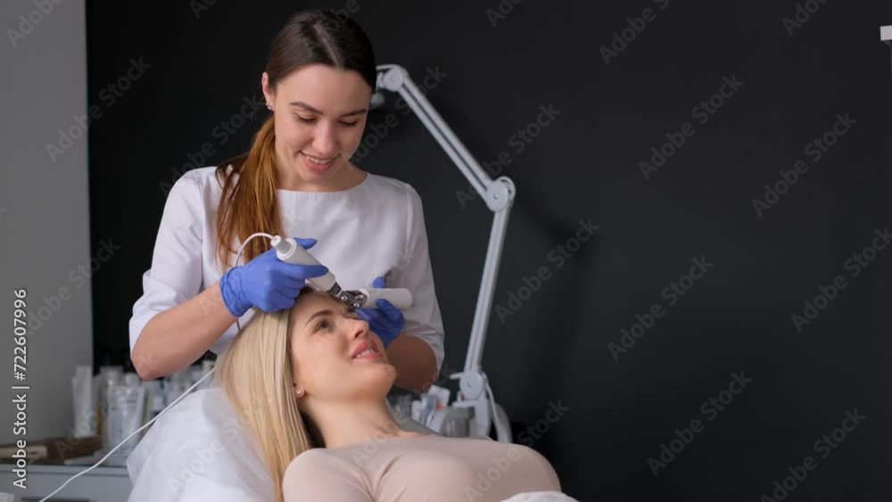 The cosmetologist performs the procedure of microcurrent treatment of the facial skin, massage. The cosmetologist performs the procedure of microcurrent treatment of the facial skin, massage.