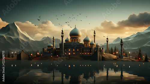 Muslim template, mosque background with city lights, photography, Ramadan, Eid al-Fitr, Eid al-Adha and Muharram greeting cards. photo