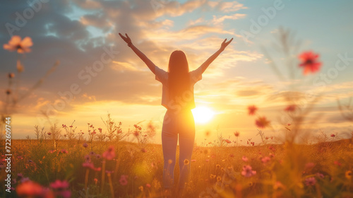 Woman Standing in Green Field With Arms Outstretched