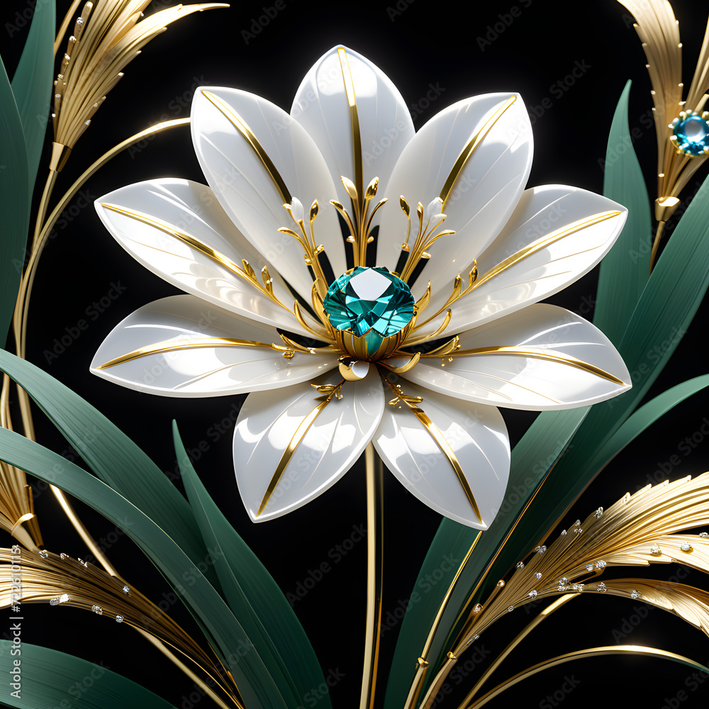 AI prompt: 4K+ graphic of an intricate ragrass flower with mother-of-pearl, gemstones, and gold, capturing a captivating and enchanting atmosphere.(Generative AI)
