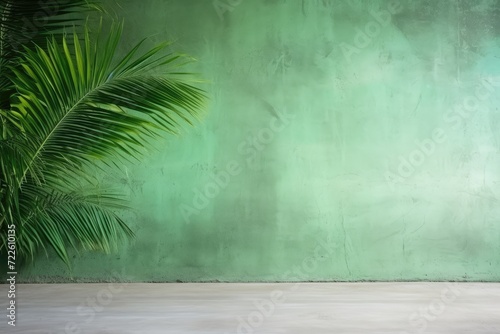 Abstract studio light green background for product presentation. Empty room with shadows of window and flowers and palm leaves. 3d room with copy space. Summer concert. beauty product placement