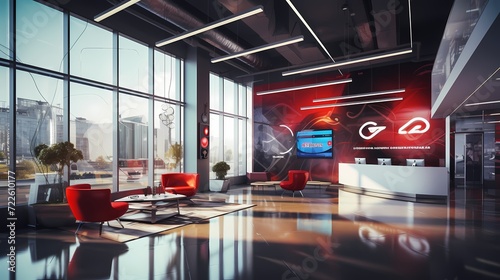 Modern marketing agency lobby with a dynamic video display showcasing successful campaigns