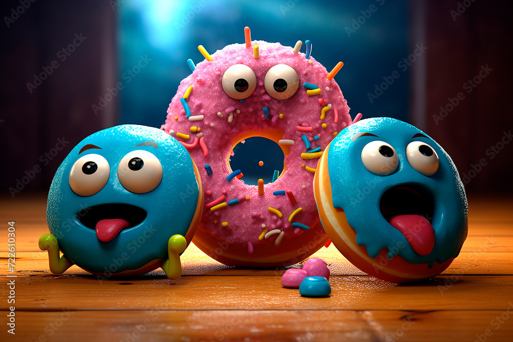 Surprised cute donuts. Children's holiday. Funny donuts with eyes. Donut Day. Illustration for pizzeria, cafe, menu, advert, cover.