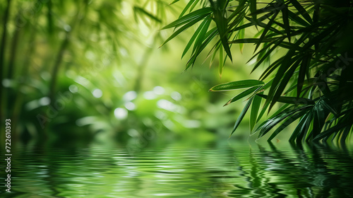 Bamboo background - lush foliage with reflection in the water.