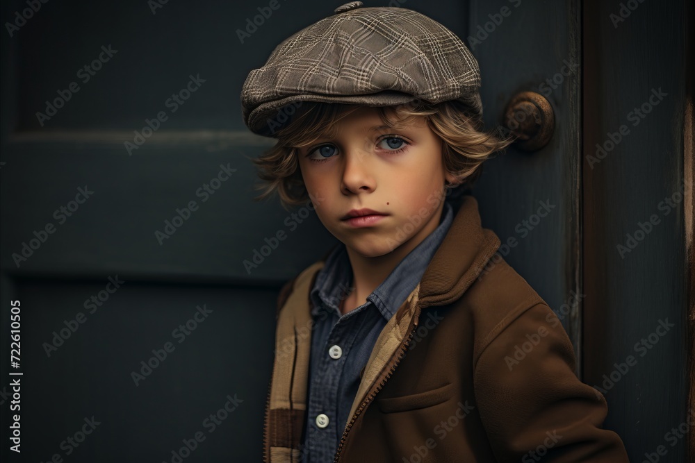 Portrait of a boy in a beret and a coat.
