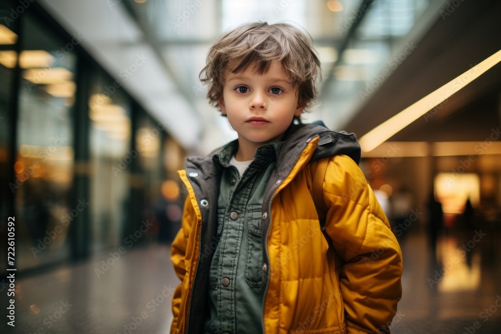 Portrait of a little boy in a yellow jacket in the shopping center Portrait of a little boy in a yellow jacket in the shopping center