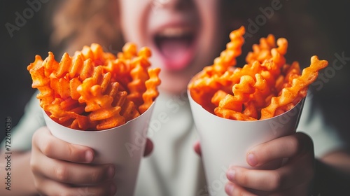 Happy preteen boy enjoying waffle fries in restaurant with blurred background and copy space