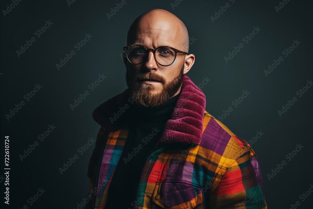 Studio portrait of a bearded hipster man wearing glasses and a colorful scarf. Studio portrait of a bearded hipster man wearing glasses and a colorful scarf.