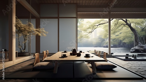 Modern teahouse with minimalist Japanese decor, tatami mat seating, and a serene atmosphere photo