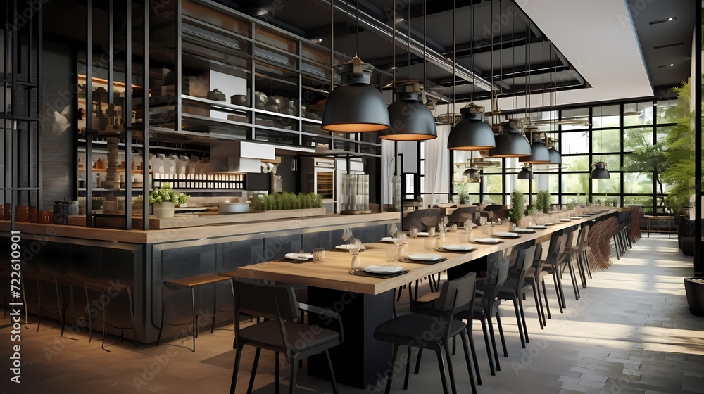 Modern urban bistro with sleek decor, pendant lighting, and an open kitchen concept