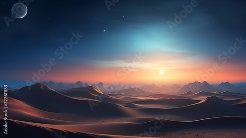 Moonlit desert landscape, with the ethereal glow of the moon casting shadows on the undulating sand dunes