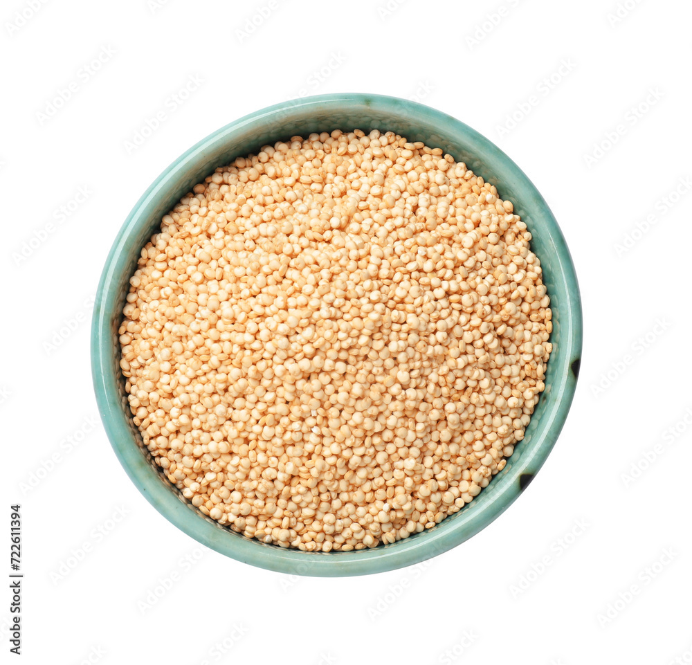 Raw quinoa in bowl isolated on white, top view Raw quinoa in bowl isolated on white, top view