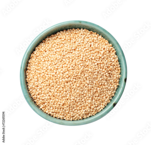 Raw quinoa in bowl isolated on white, top view