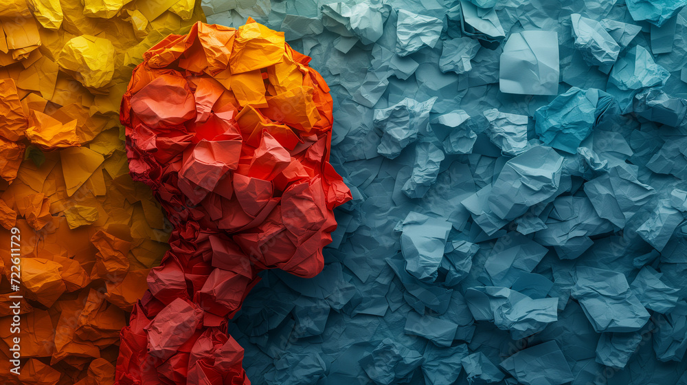 Multicolored Wall With Human Head Made of Crumpled Paper