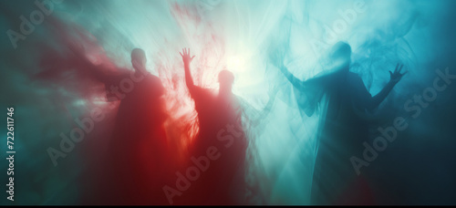 Abstract human figures immersed in ethereal smoke, suitable for contemporary dance event promotions and creative project visuals photo