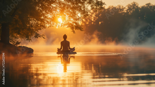 Person Sitting in Lotus Position on Lake