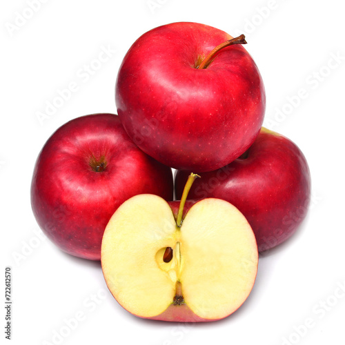 Red apples group and slice macro fruit isolated on white background