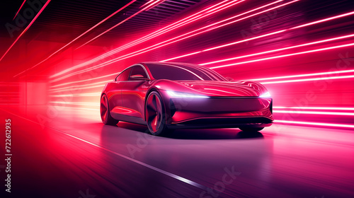 Futuristic car rides in tunnel. Red automobile with stylish design. Car moving around city with speed effect © Grispb