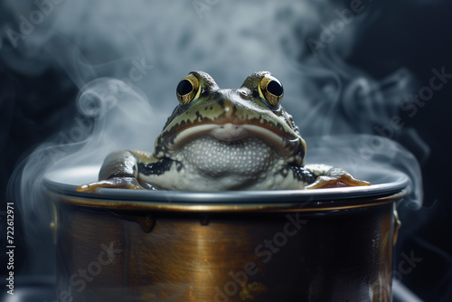 Frog in a pot of water that starts to boil, without realizing the danger of the situation, he doesn't worry photo