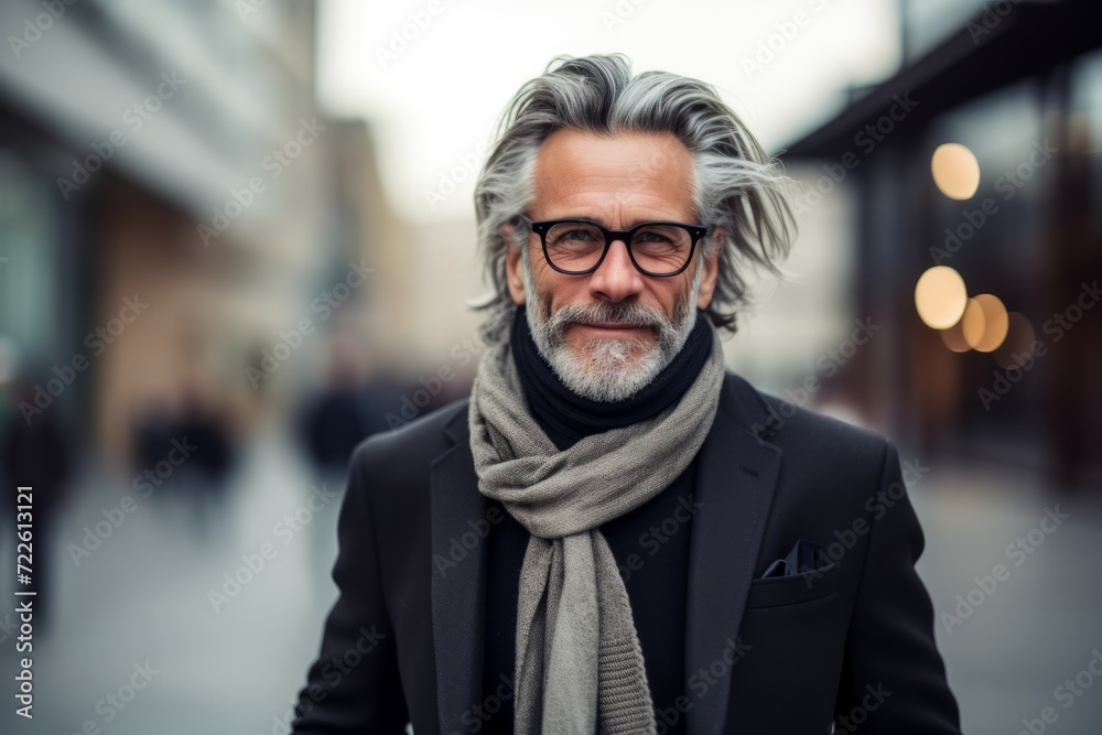 Portrait of a handsome senior man with gray hair and beard wearing a coat and scarf in the city Portrait of a handsome senior man with gray hair and beard wearing a coat and scarf in the city