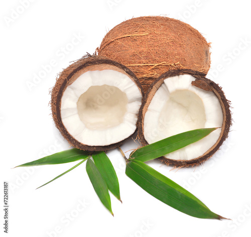 Coconuts whole and half with leaf isolated on white background. Tropical fruit