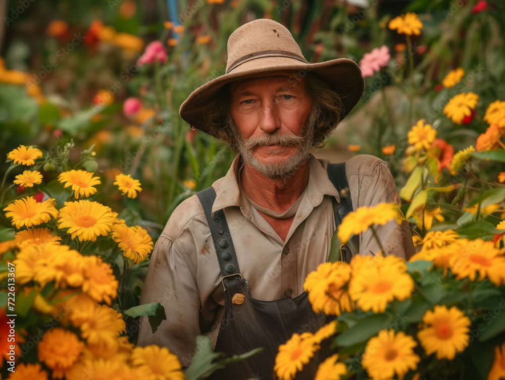 Gardener Surrounded by Yellow Flowers
