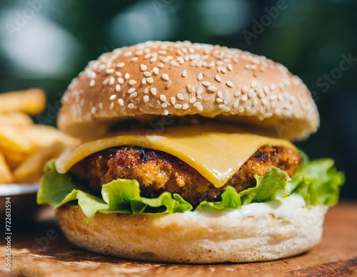 Close-up photograph of a hamburger featuring fried meat coated in panko crumbs, melted mazdamer cheese, jalapenos, and mayo.