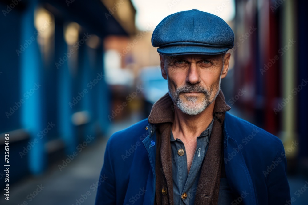 Portrait of an old man wearing a cap and coat in an urban context