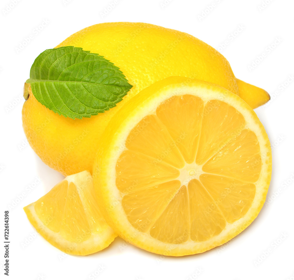 Collection lemon whole and slice with leaves isolated on white background Collection lemon whole and slice with leaves isolated on white background
