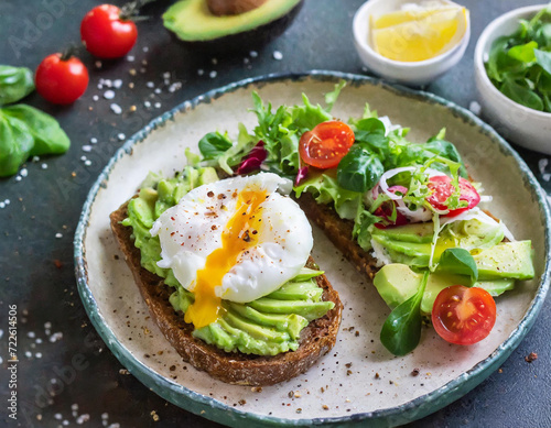 A delicious breakfast or tapas featuring crispy wholemeal toast with poached eggs and mashed avocado.