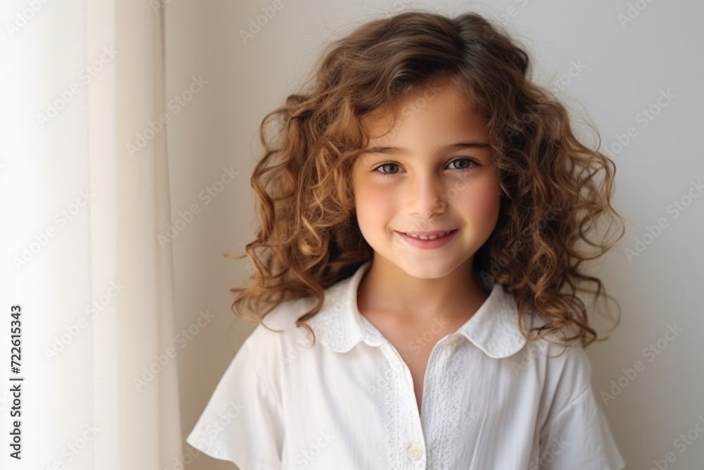 Portrait of a beautiful little girl with long curly hair looking at camera Portrait of a beautiful little girl with long curly hair looking at camera