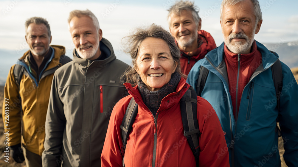 A group of seniors hiking in the mountains A group of seniors hiking in the mountains