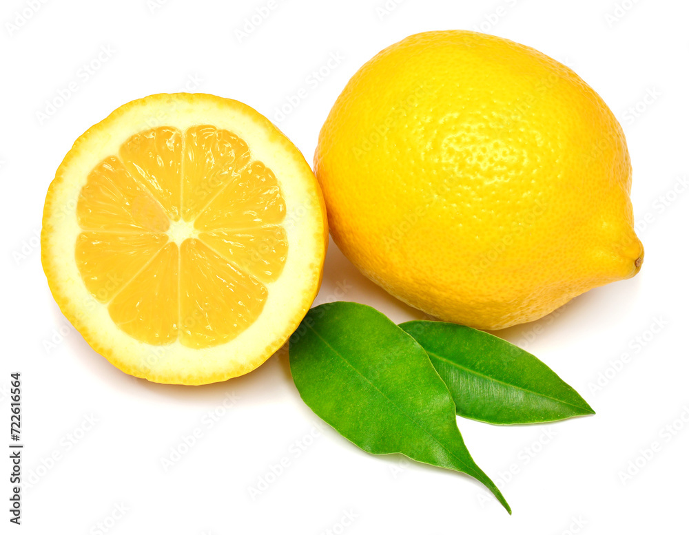 Collection lemon whole and slice with leaves isolated on white background