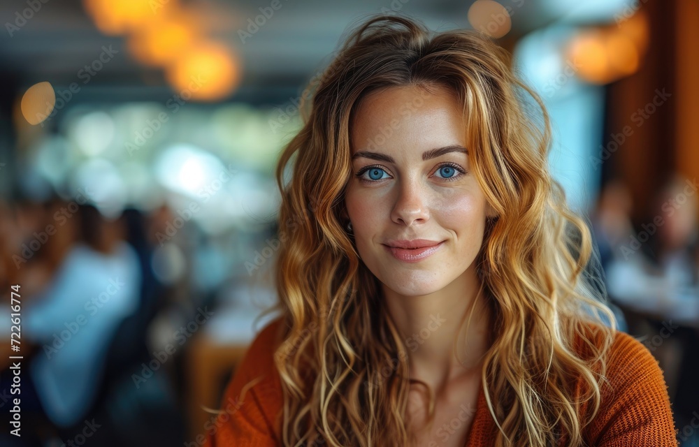 A joyful lady with layered brown hair and a beaming smile stands confidently in her feathered blond hair, her expressive eyebrows and full lips adding depth to her captivating portrait