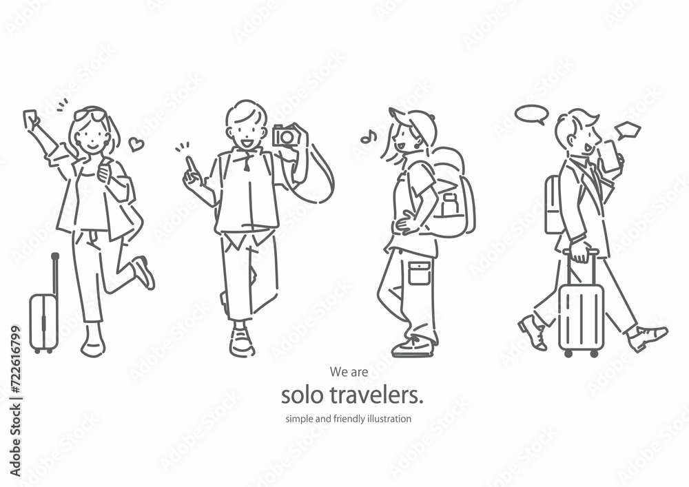 一人旅を楽しむ旅人たち　シンプルでお洒落な線画イラスト