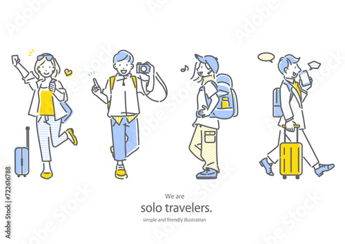一人旅を楽しむ旅人たち　シンプルでお洒落な線画イラスト