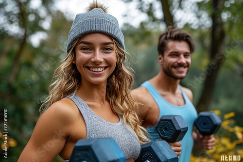 A beaming woman in a fashionable blue dress confidently lifts weights outdoors, showcasing her strength and style with a smile and a hat © LifeMedia