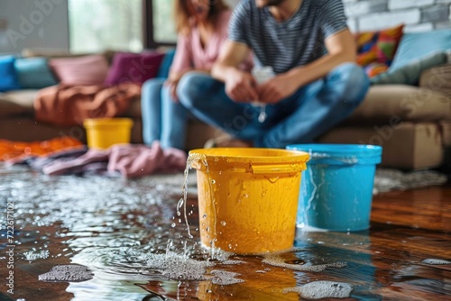 A person, dressed in yellow clothing, sits indoors as a bucket of water cascades onto the ground, creating a chaotic and unexpected moment photo