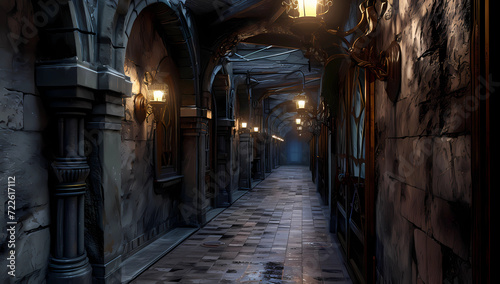 a hallway with stone walls in the dark