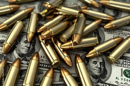 A lethal combination of greed and violence, a mound of metal bullets lay atop a pile of cold, hard cash