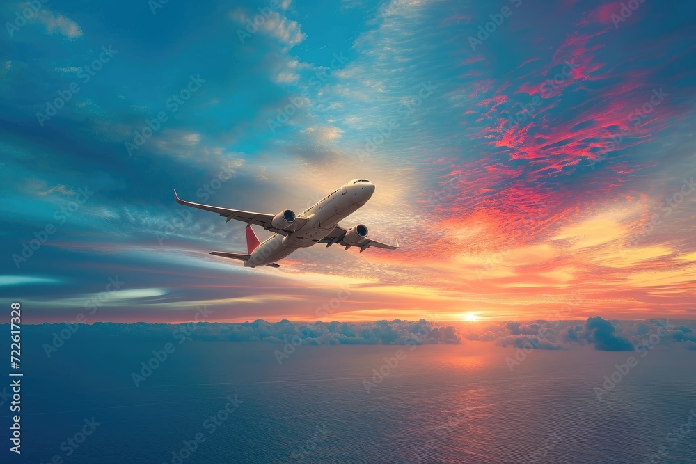 A majestic airliner soars through the sky, its wings elegantly flapping as it takes off into the sunset over the glistening waters, embodying the wonder and adventure of air travel A majestic airliner soars through the sky, its wings elegantly flapping as it takes off into the sunset over the glistening waters, embodying the wonder and adventure of air travel