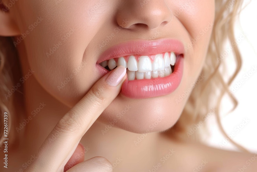 A vibrant smile adorned with red lipstick showcases the delicate balance between beauty and oral hygiene in this close-up of a woman's mouth A vibrant smile adorned with red lipstick showcases the delicate balance between beauty and oral hygiene in this close-up of a woman's mouth