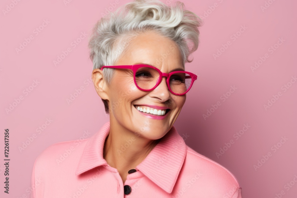 Portrait of smiling senior woman in pink eyeglasses on pink background